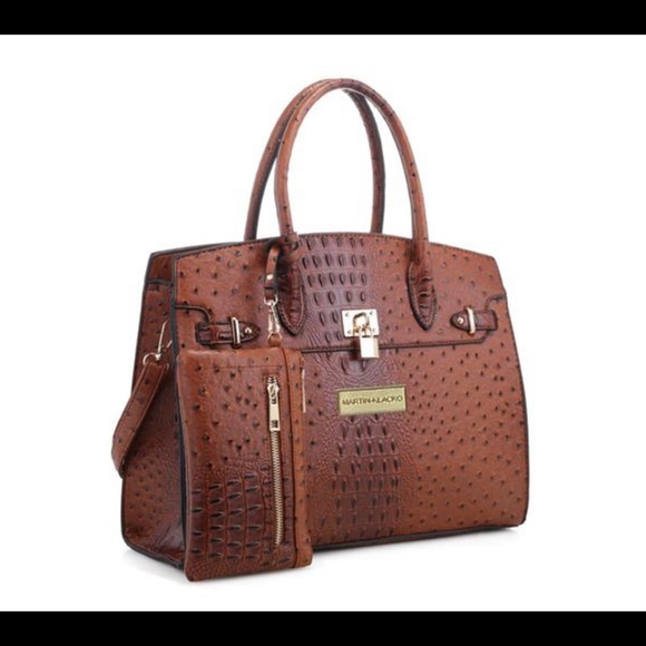 Brown Ostrich & Croc Print Handbag + Clutch🌹 - Picture 2 of 4